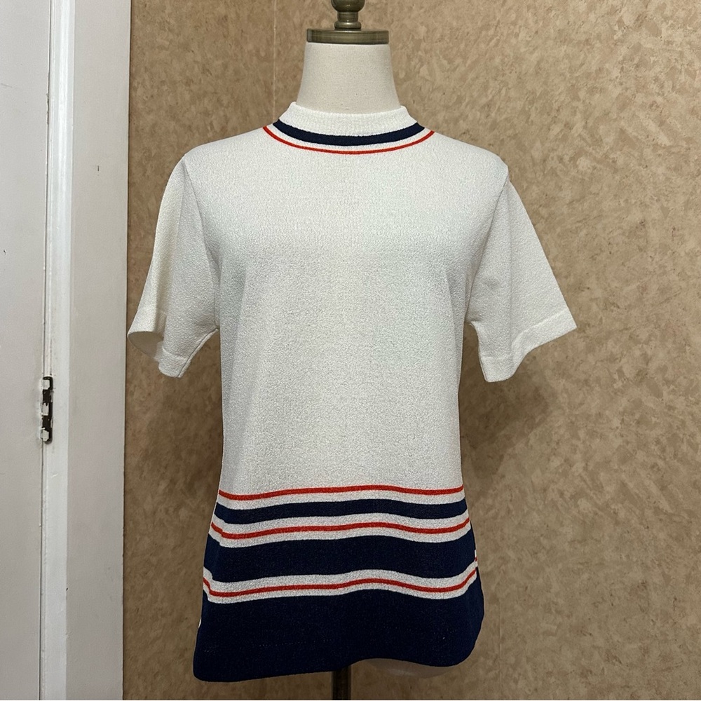 VTG 70s 80s Striped Knit Red White Blue Sweater Tee Short Sleeve Top